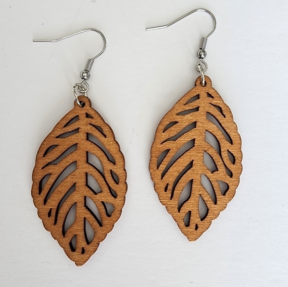 Leaf Wood Earrings, Long Wood Earrings - Picture 1 of 4